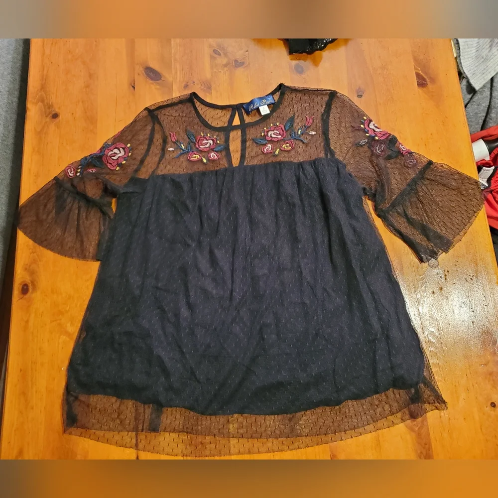 Black Tulle Babydoll Blouse with floral embroidery sz Small Blue Rain Francesca - Picture 3 of 9